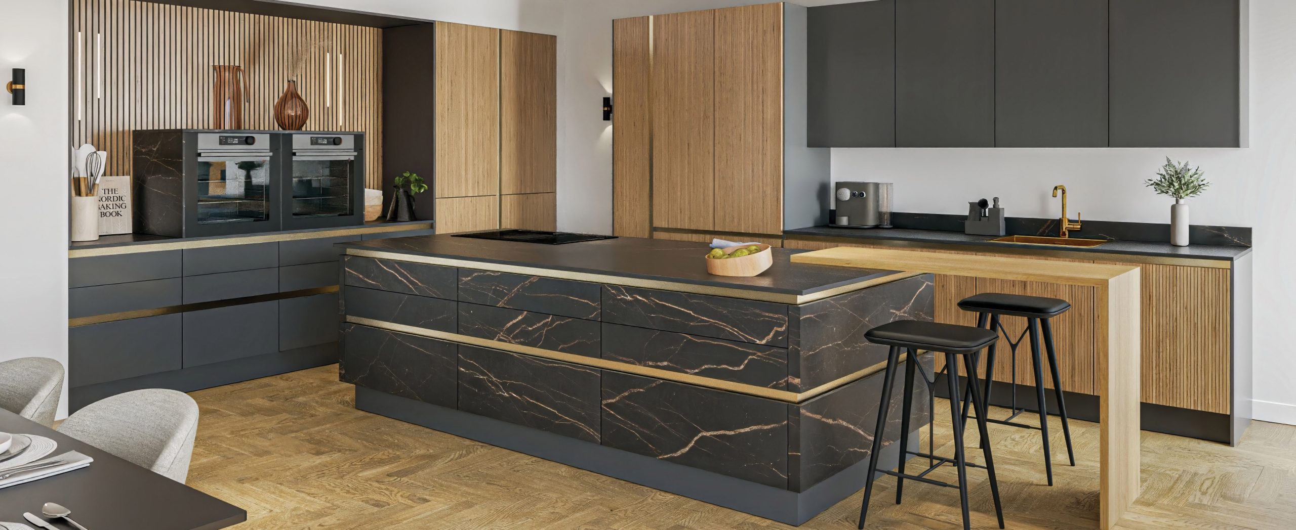 Contemporary kitchen with dark island and natural wood detailing