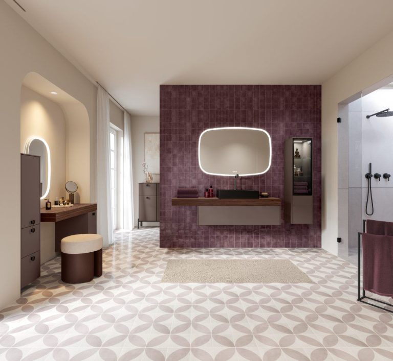 Berry bathroom with floating vanity and illuminated mirror