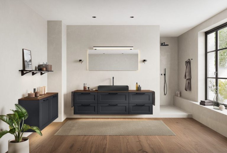 Black double vanity with oak shelf
