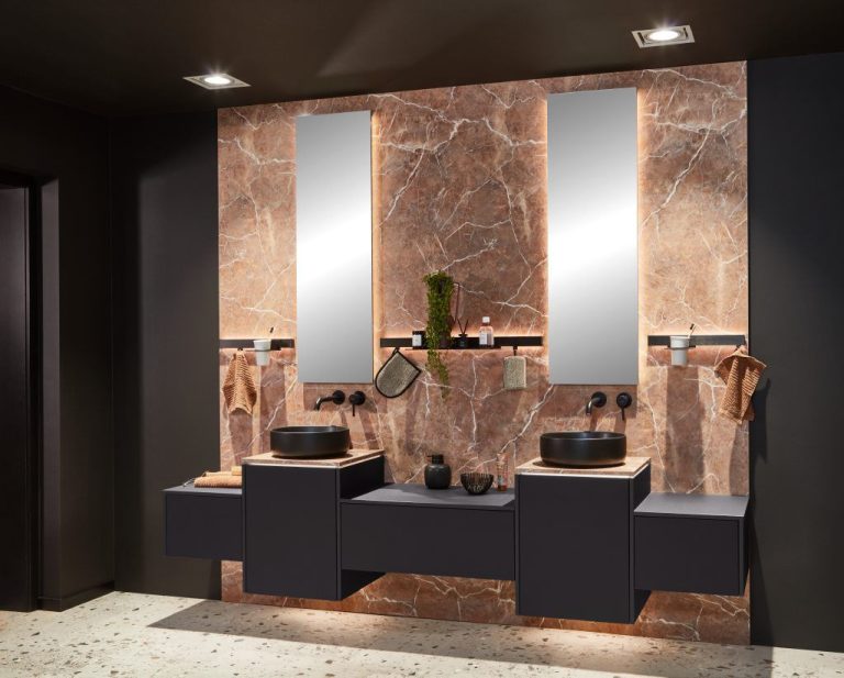 Black twin vanities with tall mirrors