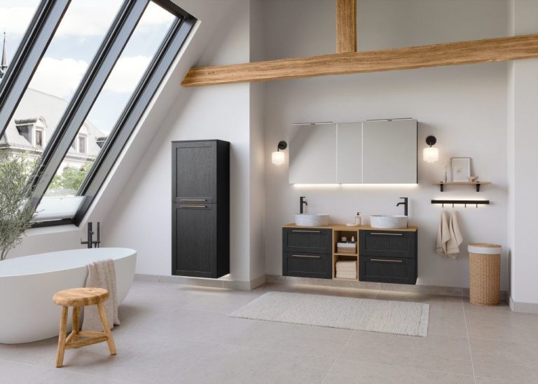 Black vanity and tall unit in a loft bathroom