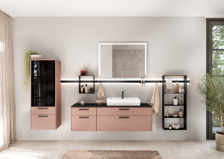 Coral vanity with black open shelving