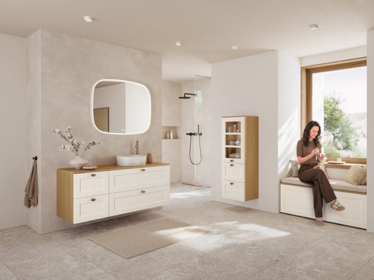 Ivory shaker style vanity with oak top