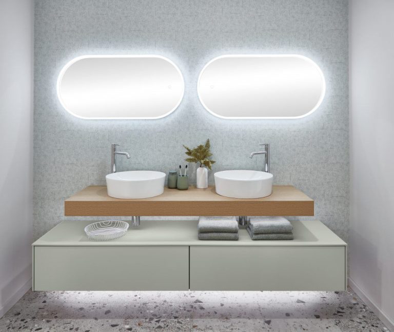 Jade green floating double vanity with oak top