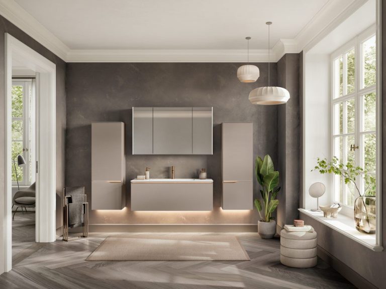 Macchiato vanity with mirror cabinet and plinth lighting