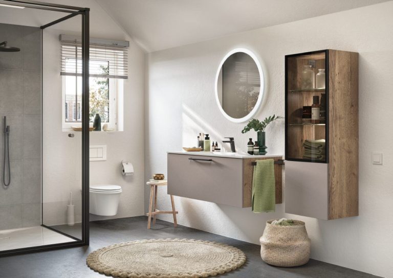 Macchiato vanity with oak wall cabinets