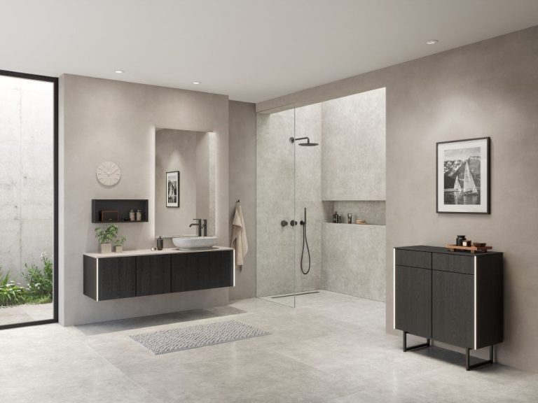 Nero oak floating vanity with matching cabinet
