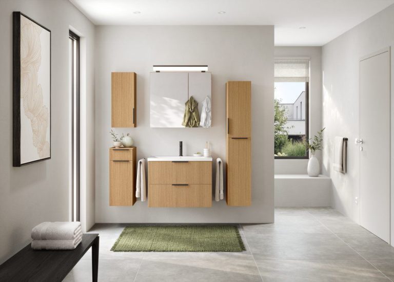 Oak vanity unit with mirror cabinet and tall units