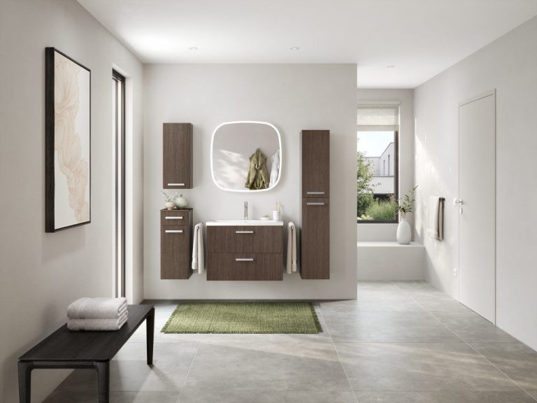 Porto oak vanity with tall bathroom cabinets