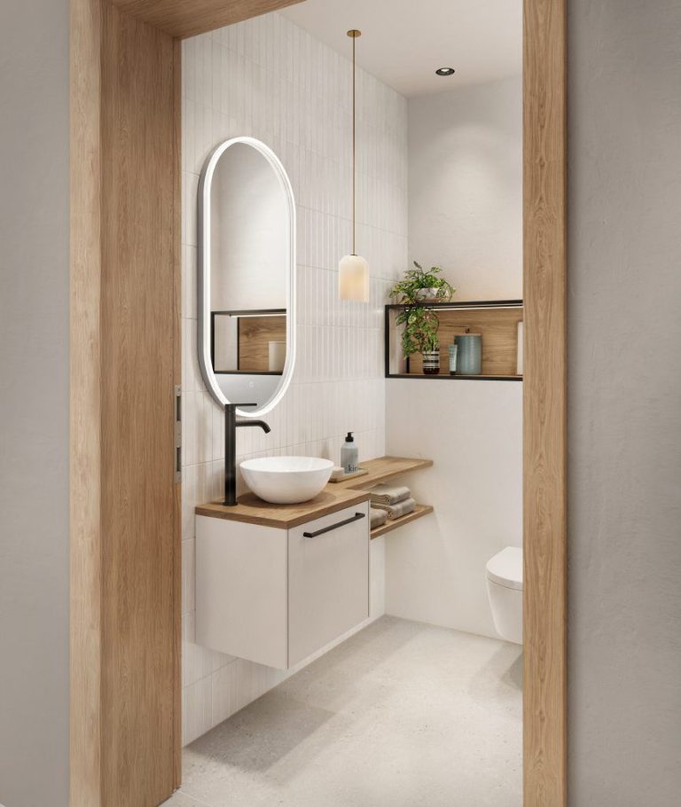 Sand cloakroom vanity with oak shelf