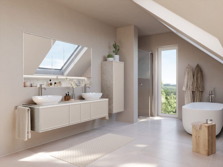 Sand double vanity in a loft bathroom