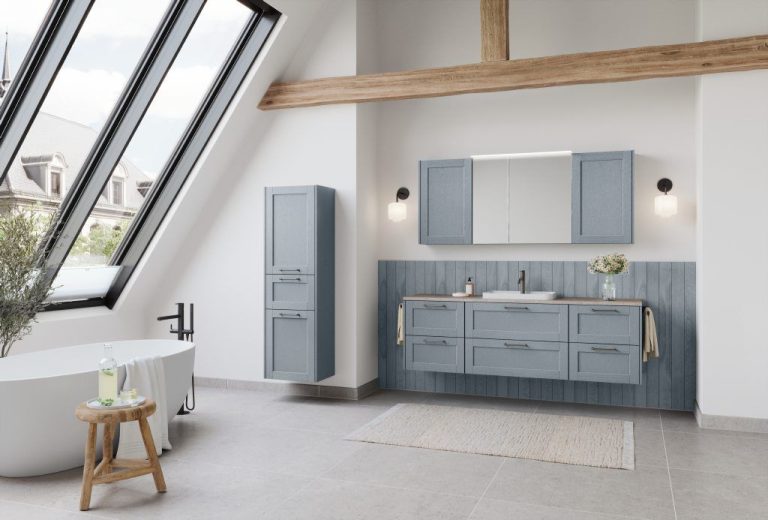 Stone blue double vanity with freestanding bath