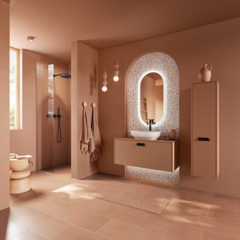 Terracotta bathroom with floating vanity and tall cabinet