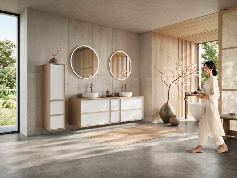 White and oak double vanity with round mirrors