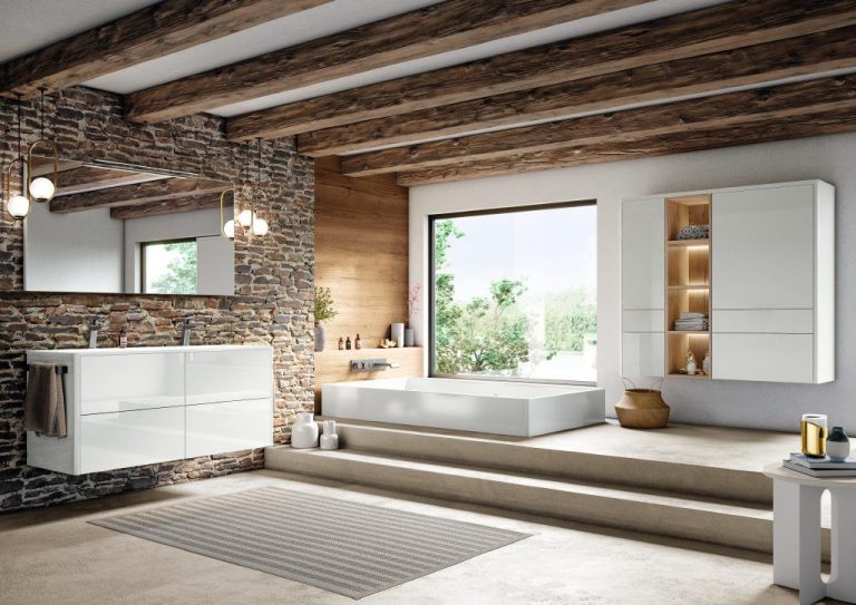 White vanity in a beamed bathroom