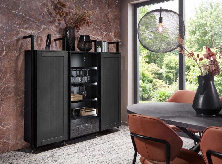 Black framed glass cabinet in a dining room