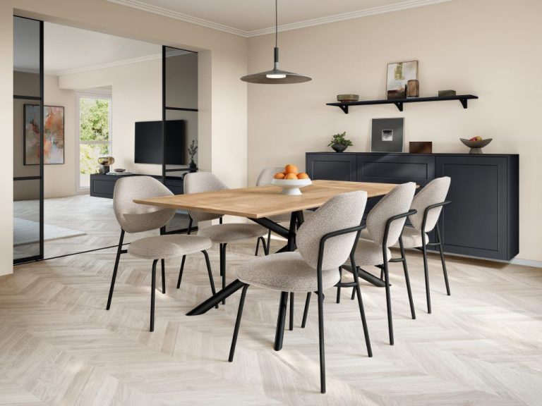 Black matt sideboard and oak dining table