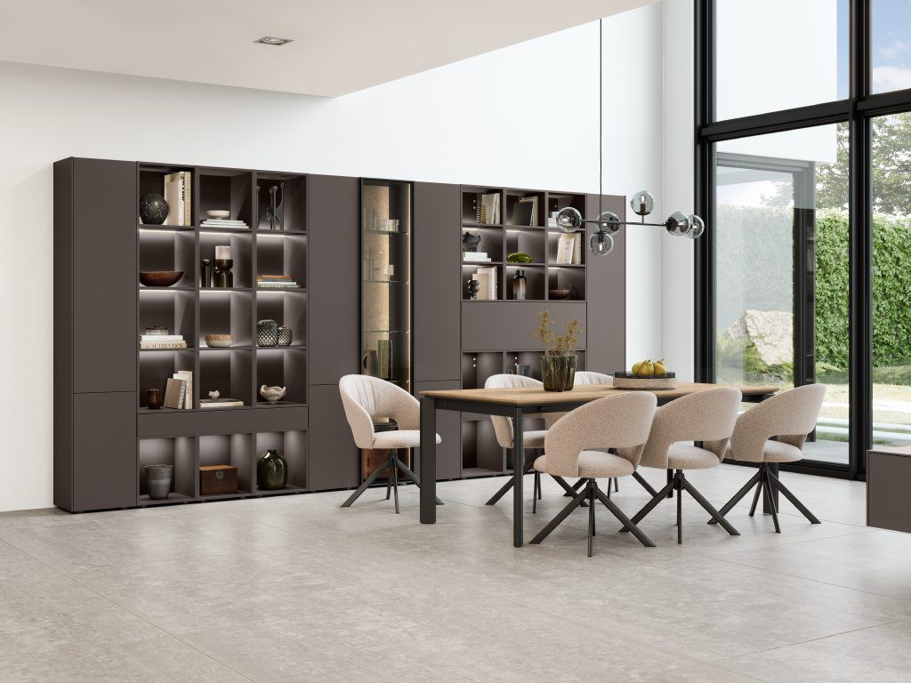 Coffee lacquered glass display wall beside the dining table