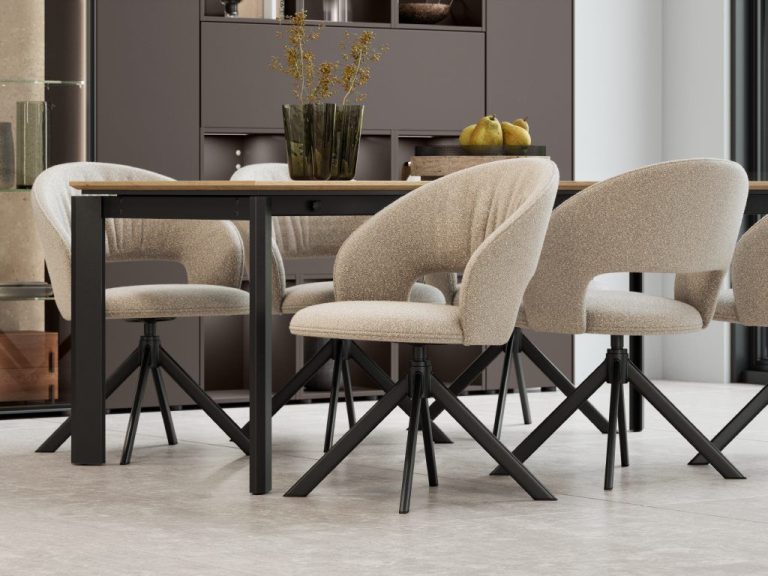 Dining table and chairs in front of coffee lacquered cabinets