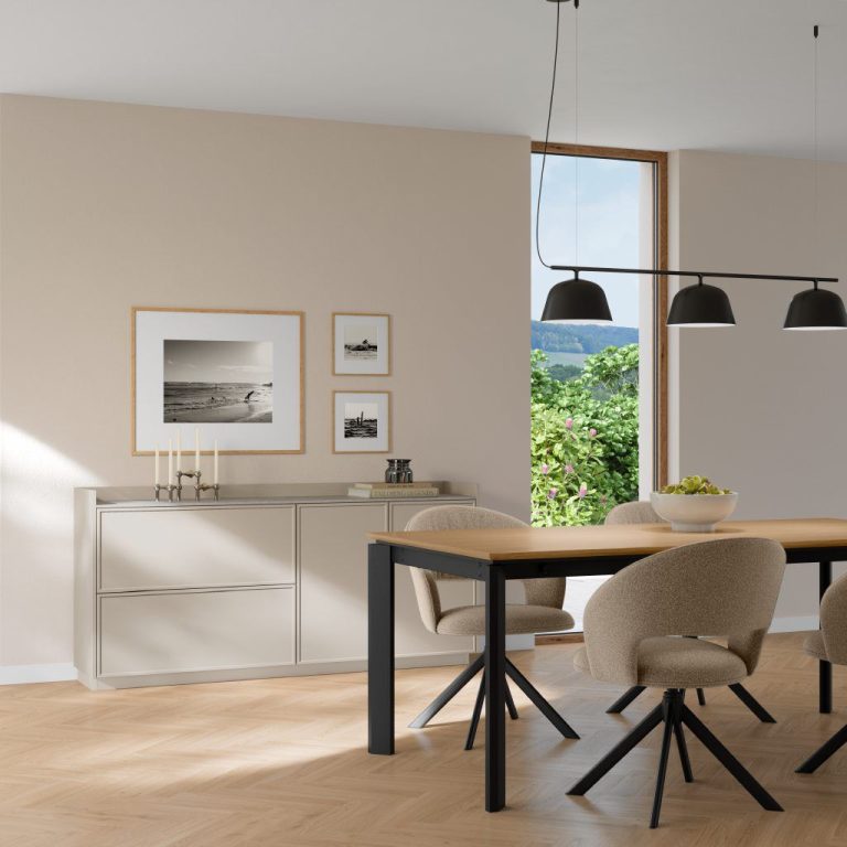 Ivory sideboard in a bright dining room