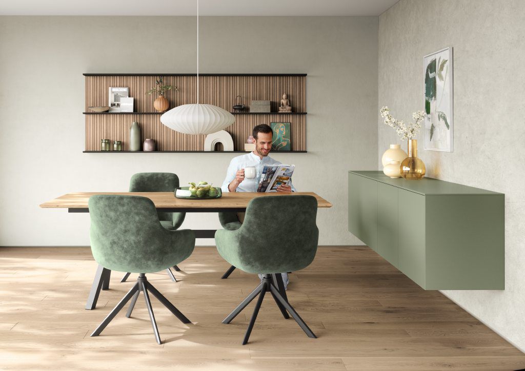 Olive green sideboard with slatted oak wall shelf
