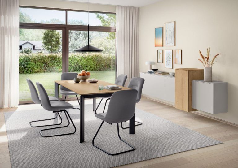 Satin grey sideboard with oak dining table