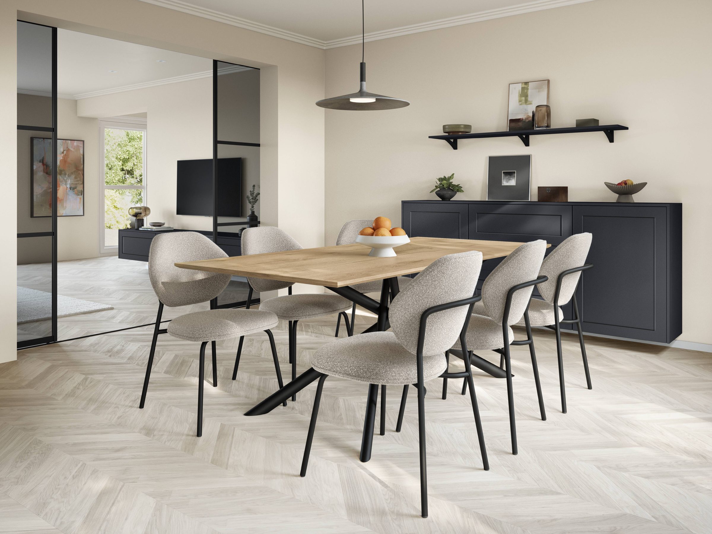 Black matt sideboard and oak dining table