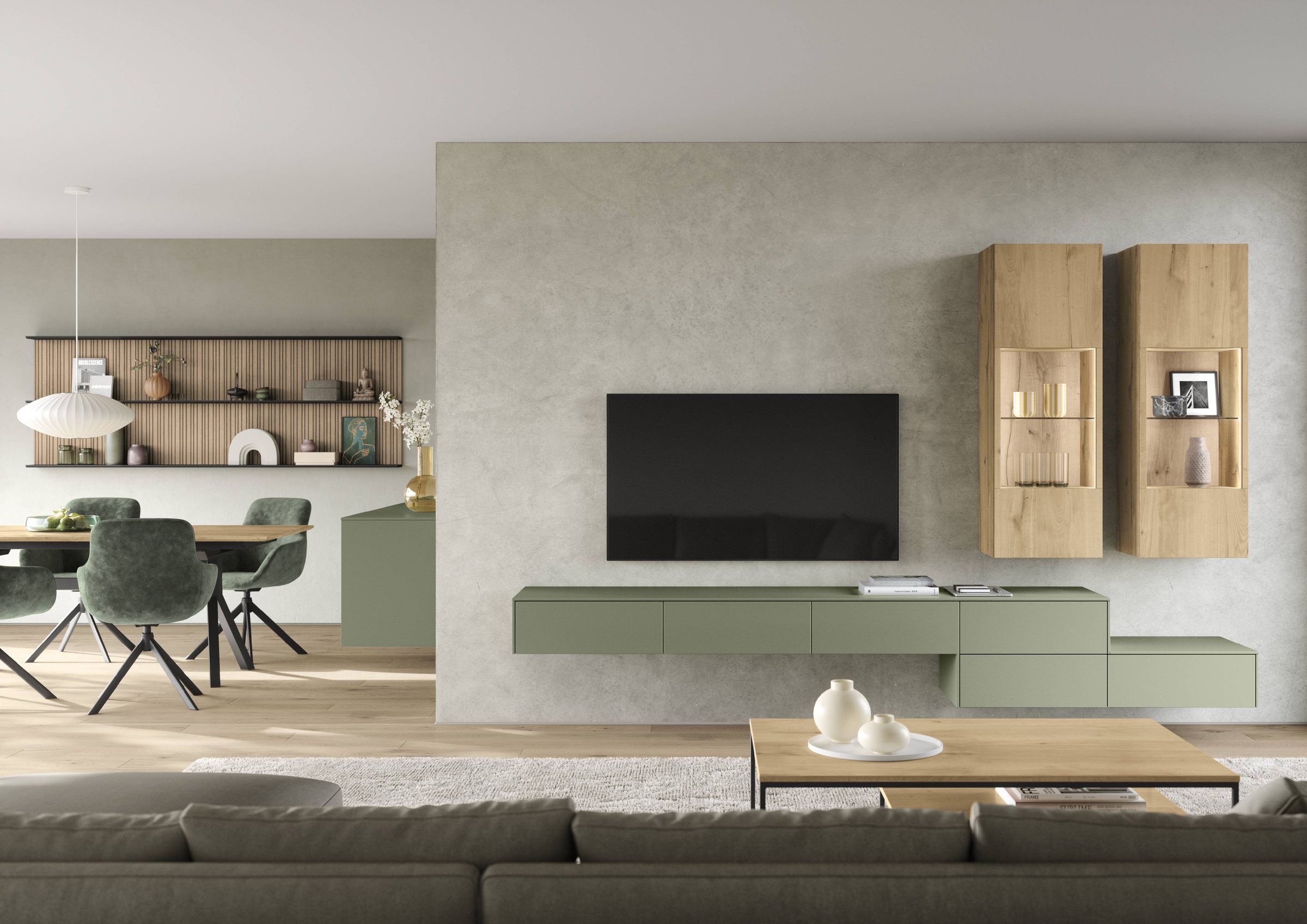 Olive green media wall with oak display cabinets