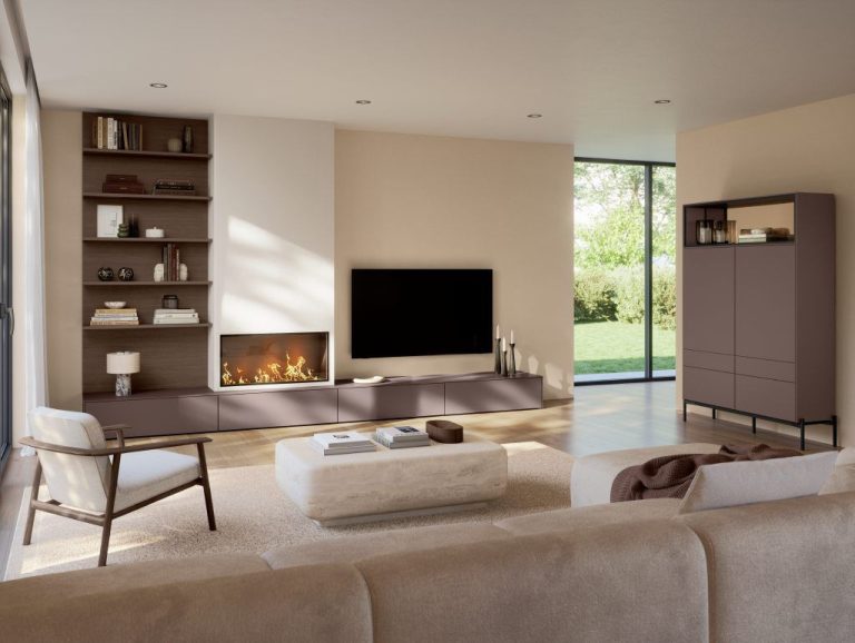 Berry living room wall with fireplace and open shelving