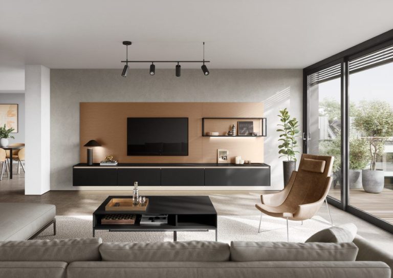 Black floating TV unit with walnut back panel