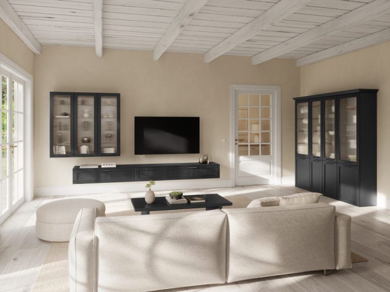 Black glazed cabinets either side of a TV wall