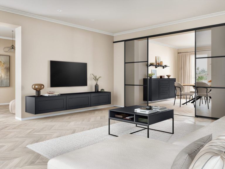 Black matt sideboard and TV unit with glass room divider