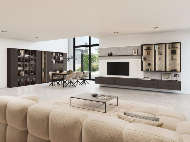 Coffee lacquered library wall with glass display cabinets