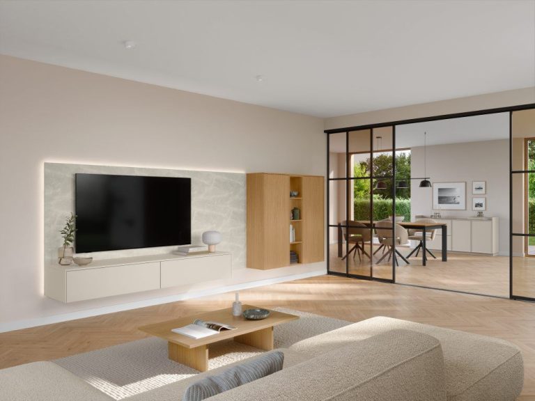 Ivory media wall with backlit TV panel