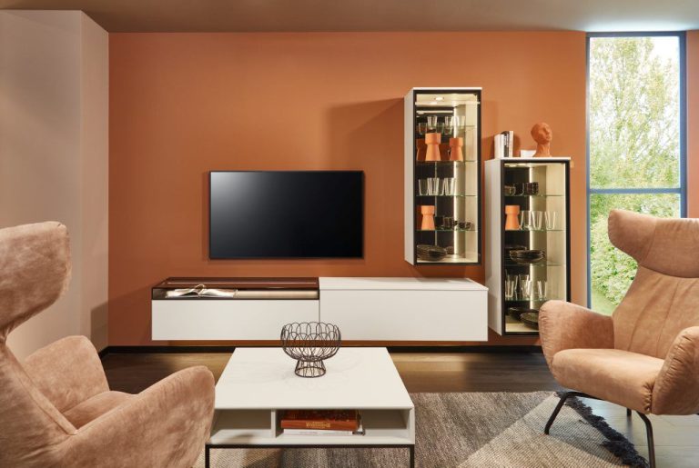 Ivory TV unit with glass display cabinet