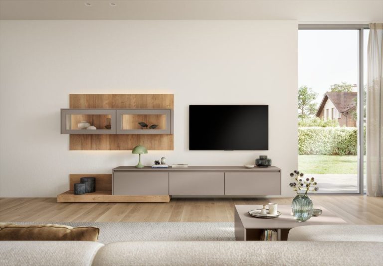 Macchiato TV unit with oak floating shelves