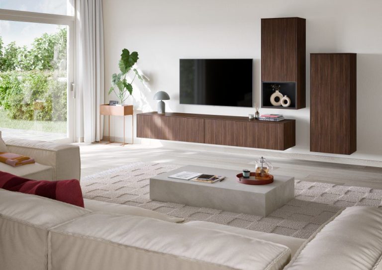 Milano walnut floating TV unit and wall cabinets