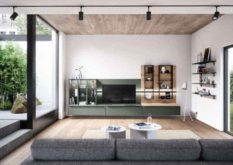 Mineral green media wall with black shelving
