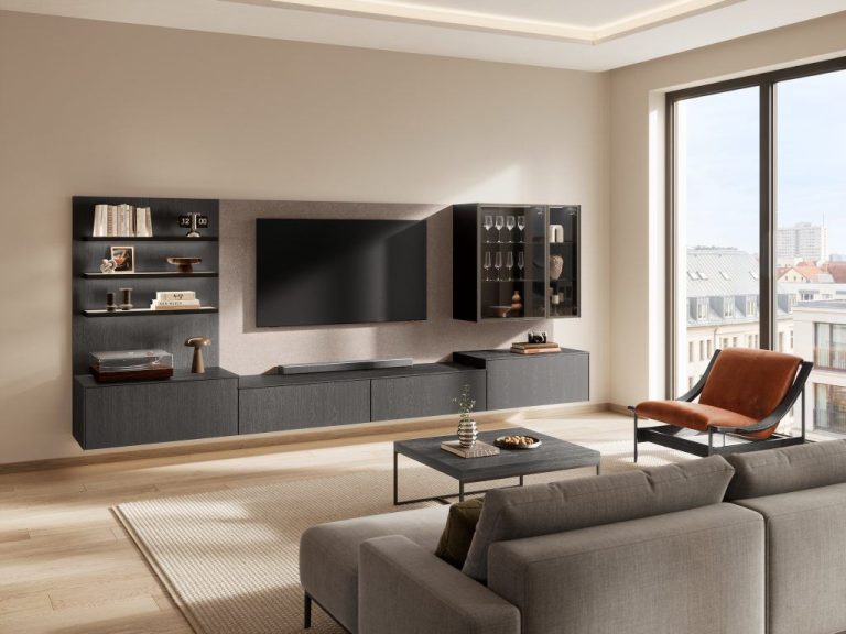 Nero oak media wall with floating TV unit