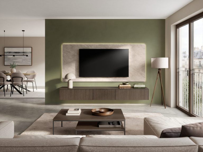 Porto oak floating TV unit on a sage green wall