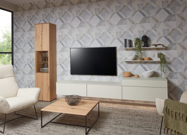 Sand TV unit with tall oak display cabinet