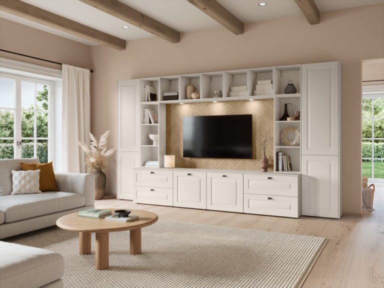 Shaker style media wall in sand with built-in shelving