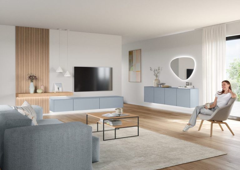 Sky blue floating TV unit and sideboard