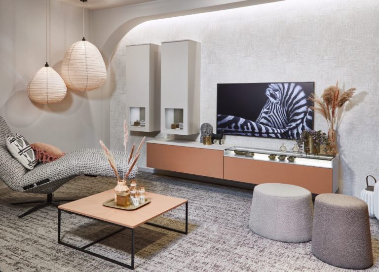 Terracotta floating TV unit with wall cabinets