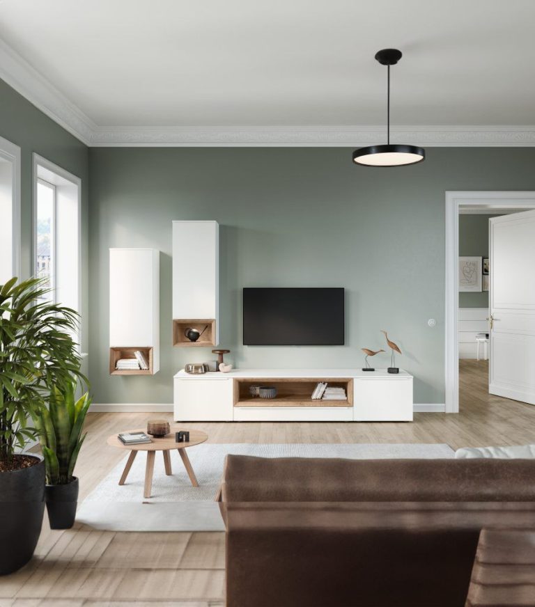 White gloss TV unit with open shelving