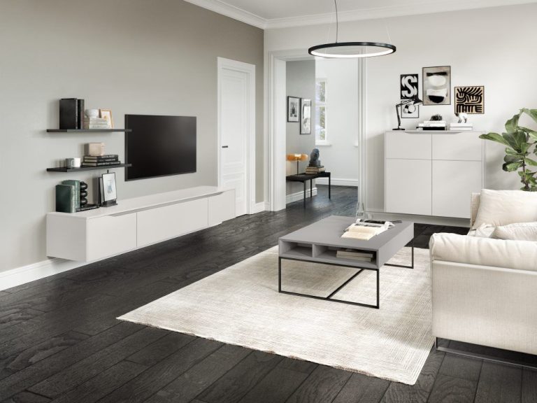 White living room storage with wall shelves